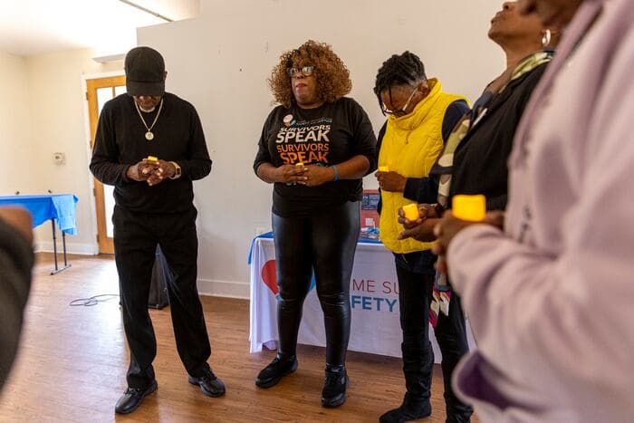 Yolanda Jennings at a prayer and candlelit circle for the vigil and healing event to mark National Crime Victims Rights Week at Franklin Square Park in Philadelphia in 2023.